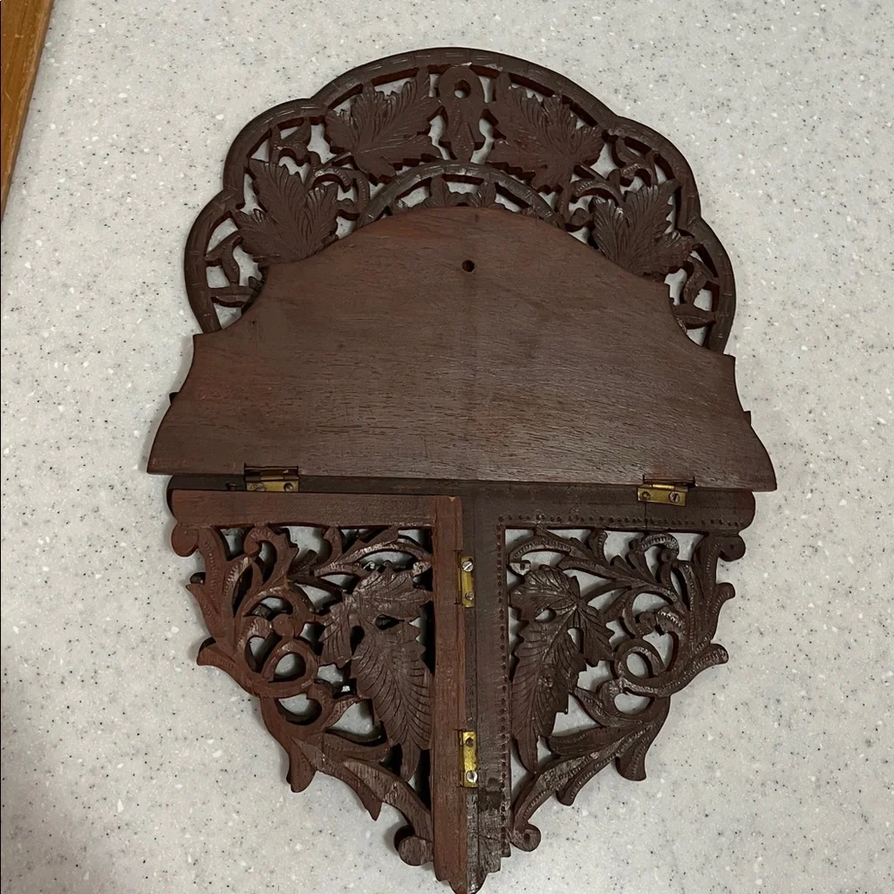 Vtg INDIA Hand Carved Wood Wooden Folding Shelf Intricate Leaf Design Leaves